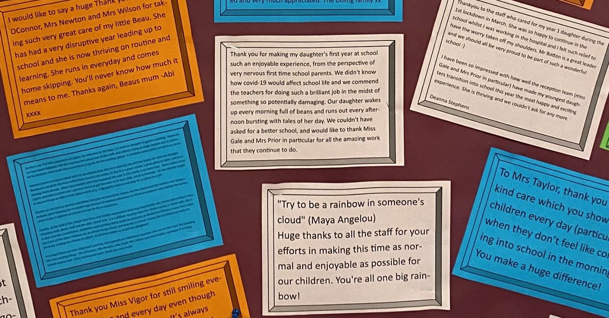 Southgloshead's tweet photo. It’s tough working in schools at the moment, so I asked the parents if there was anything they’d like to say to the staff. We had 132 messages of thanks &amp; support - enough to fill the staff room. It gave everyone a real lift. https://t.co/ckwpHjhODO