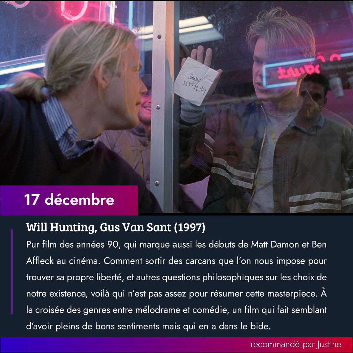 LesNuitsdesCFF's tweet photo. 17 décembre : 
Will Hunting, Gus Van Sant (1997) https://t.co/g9RUkhDDl7