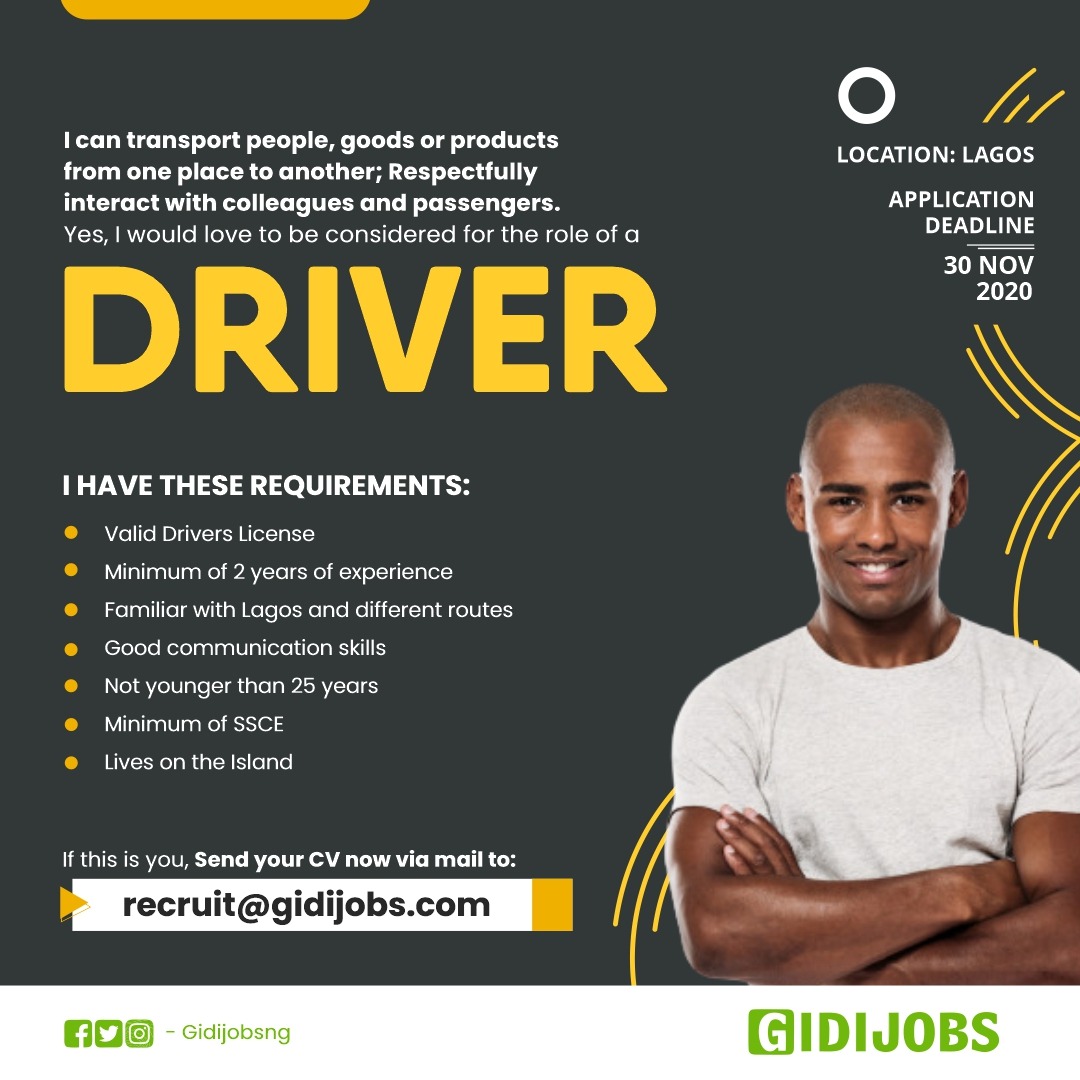 GidijobsNg's tweet photo. Experienced Driver Needed!!!
Interested persons are to forward their CV to
>>recruit@gidijobs.com
#Jobs #Gidijobs #jobsinnigeria #Vacancies #naijajobs #jobsinlagos #recentjobs #recentjobsinlagos #jobsinlagos #availablejobs #jobopportunities #vacancies #jobs #career #jobseekers https://t.co/3nxxajfG4Q