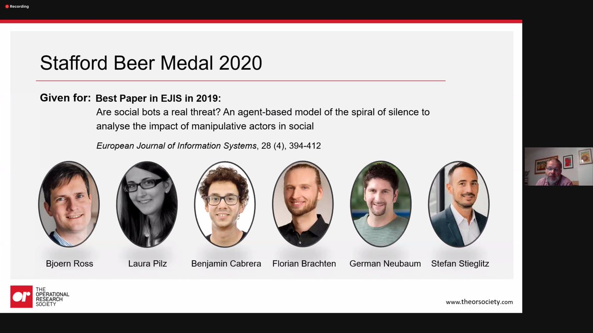 RGStieglitz's tweet photo. Good news everyone! Our EJIS article (with @bjoernross and @g_neubaum) on social bots and the spiral of silence has been awarded the 2020 Stafford Beer Medal from @TheORSociety! The article: https://t.co/2hk3doCFsX (currently open access) @unidue @UCSM_UDE https://t.co/P9bHDVWdSv https://t.co/8esLNsfwY6