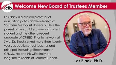 CfbLes's tweet photo. I am excited to announce that I will be sworn in as a CFBISD Trustee at the December 3 board meeting. I am honored to serve this community and I am profoundly grateful to all who supported our campaign and helped spread the word. https://t.co/2hbwTQyQae