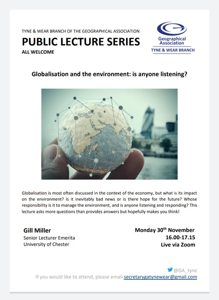 ga_tyne's tweet photo. Our next talk is by none other than @gillmillergeog past GA President #geographyreallymatters Already seen a lot of interest, so sign up soon #geographyteacher #Geography #globalisation #alevels #exams2021 🌍 https://t.co/y4HnkSMRe2