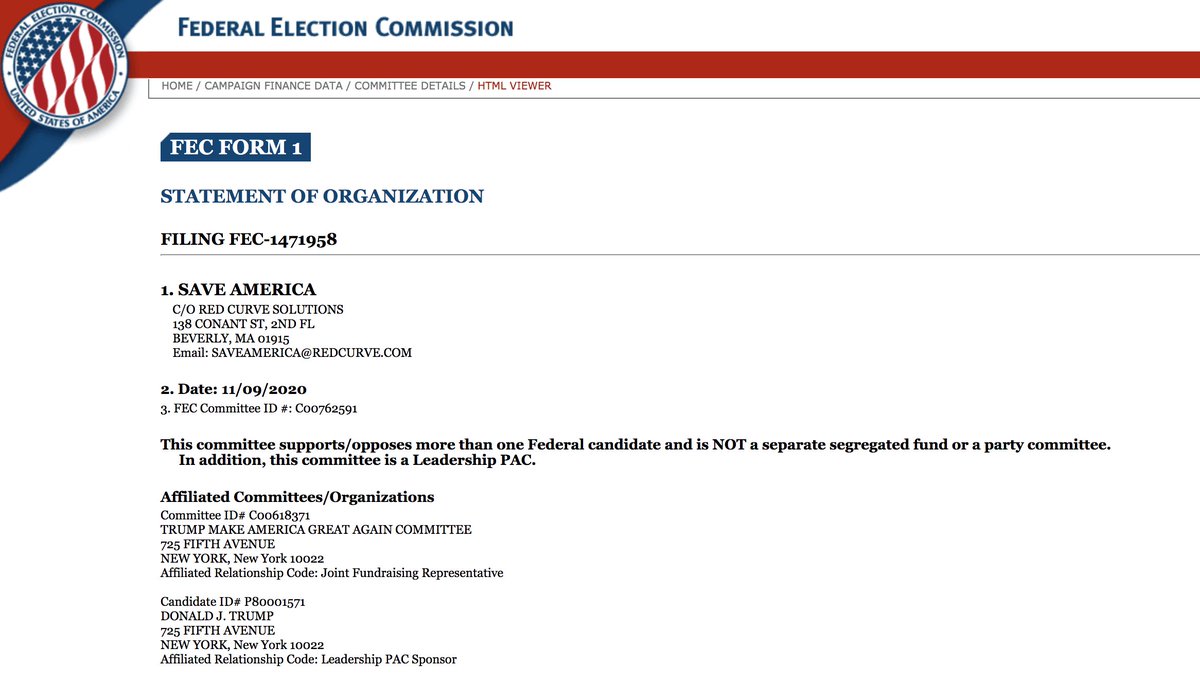 On November 9th, Trump registers a PAC (political action committee) called Save America; through it, he’s able to collect millions $ to fund campaigns, trips, events, logistics, etc. This will give him leverage over the future of the Republican Party. https://docquery.fec.gov/cgi-bin/forms/C00762591/1471958/