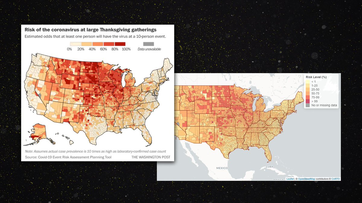 This is the Washington Post map, side by side with the map from the actual data source. Same map, but Wapo makes the "artistic" choice of making the reds much darker and scarier. Perhaps you might forgive this choice, as the data is really scary! However... 4/