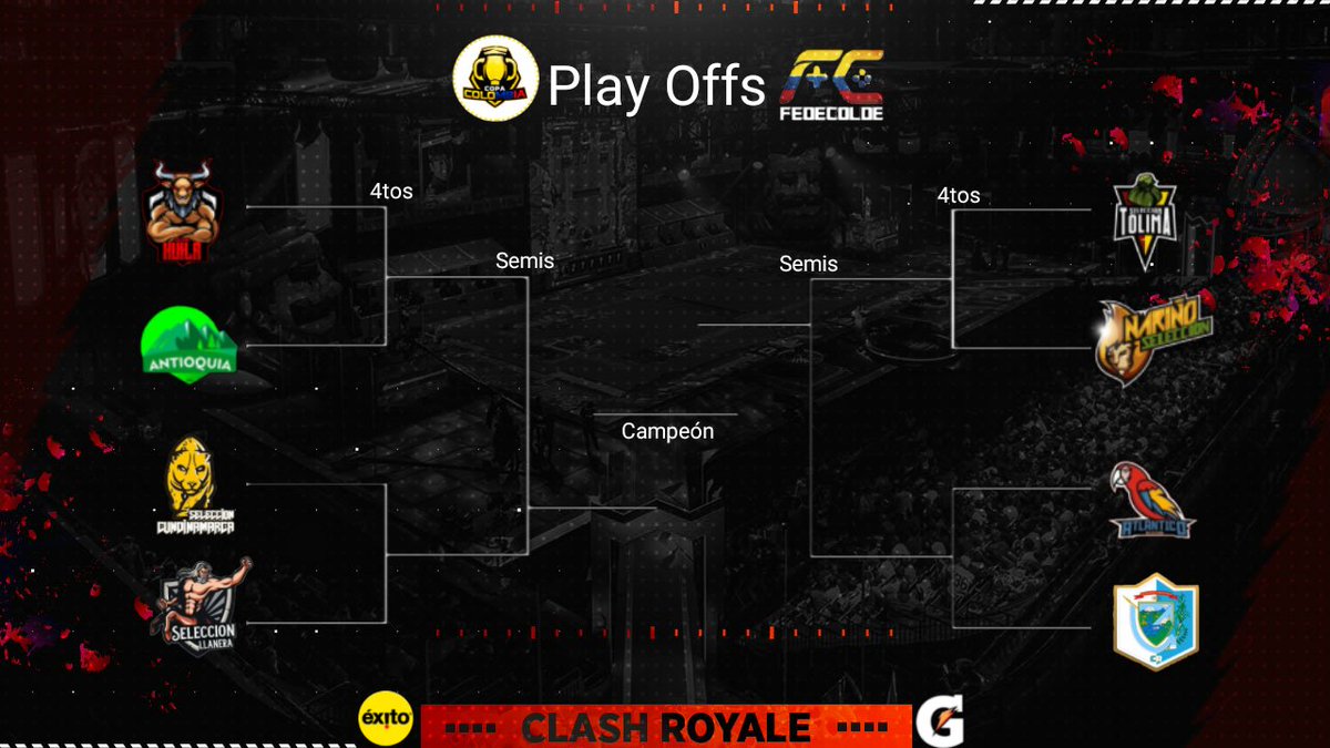 PlayOffs | #clashroyale 

Después de una semana de entrenamientos e  incorporaciones, así quedaron las llaves para la gran final 

Apoya tu selección favorita con un ❤

Organiza <a href="/fedecoldeNal/">Federación Colombiana de Deportes Electrónicos</a> 
Patrocina <a href="/almacenesexito/">Éxito®</a> 
Apoya <a href="/GatoradeCol/">Gatorade Colombia</a> 

#TodosSomosFedecolde #juegaencasa