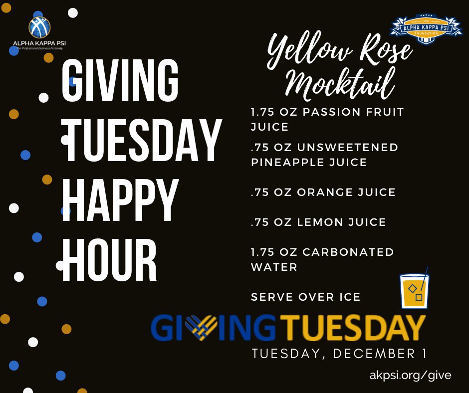 AKPsiFoundation's tweet photo. Join Alpha Kappa Psi for our first-ever Giving Tuesday Happy Hour on December 1st at 8pm ET! Bring your Brothers and help us toast to the season of giving. Feeling festive? Try one of our signature mocktails below!

RSVP Here: https://t.co/aaildvGRti