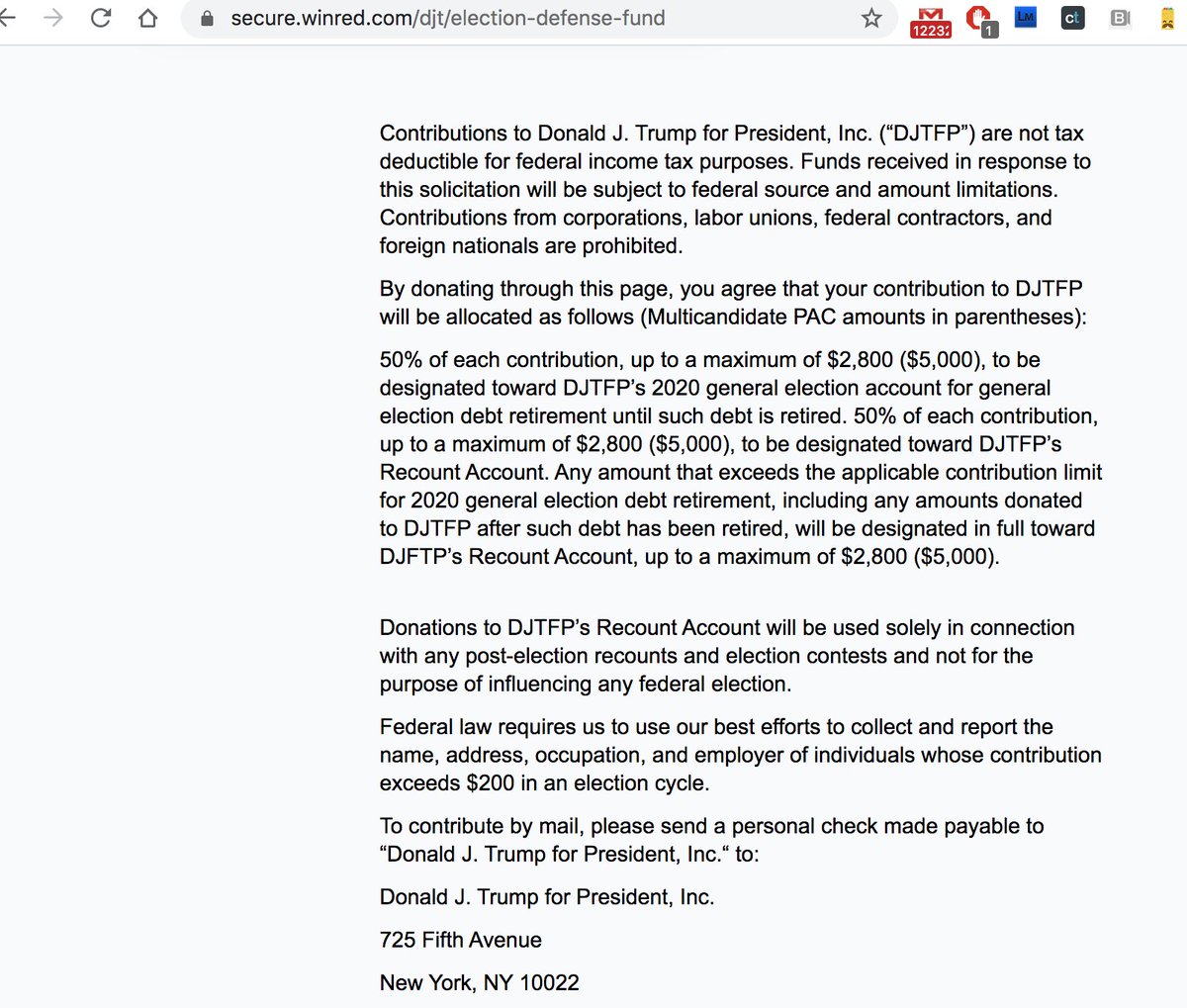 While Trump and his lawyers claim widespread fraud, his team asks for money to support his 'legal efforts.' Donors however don’t read the fine print, which explains that the bulk of the money goes to de GOP, his PAC, and to pay for his vast campaign debts 