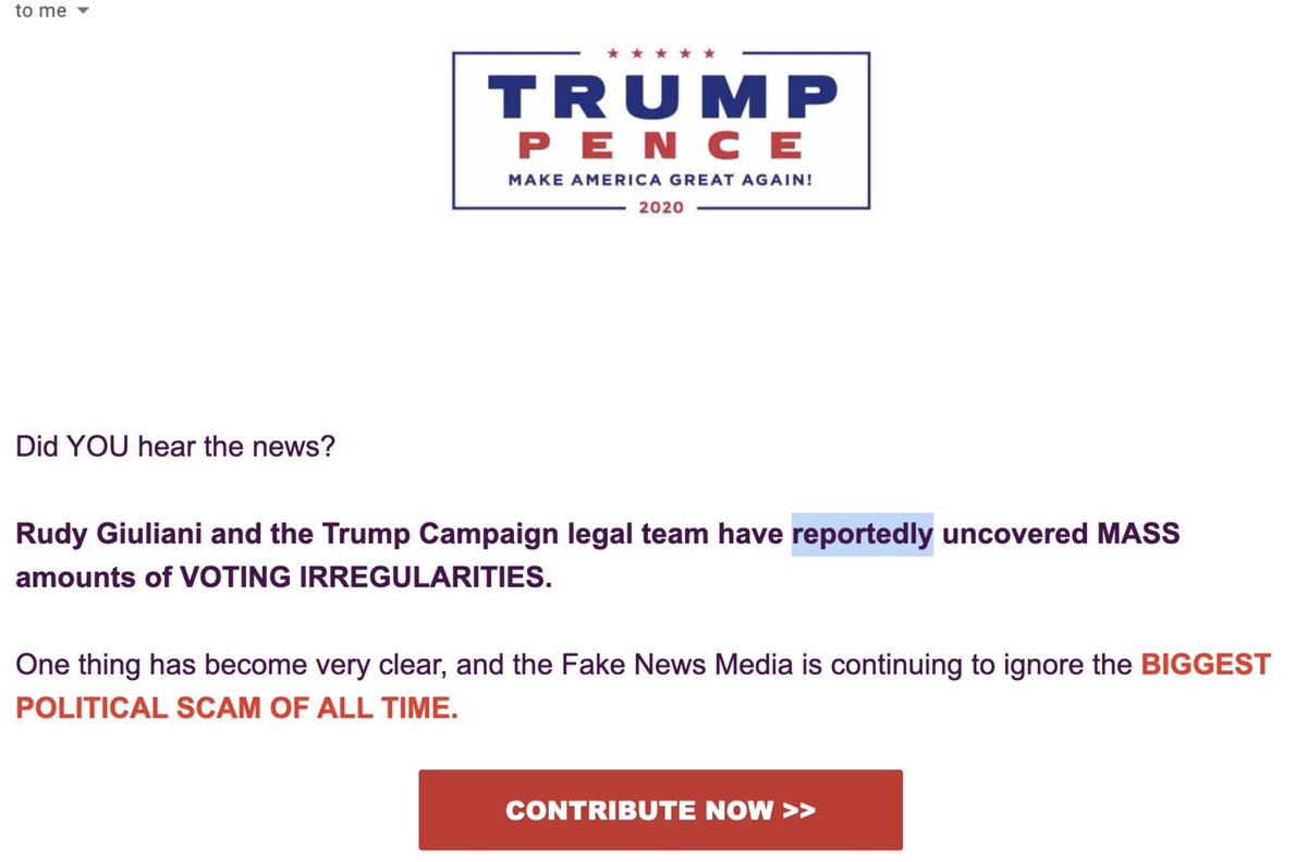 Another step he took, was to get rid of expensive Law Firms replacing them with cheaper options, such as Rudy Giuliani and his infamous legal team. So Giuliani, while pretending to proceed with legal battles, becomes a propaganda machine, requesting money from the base.