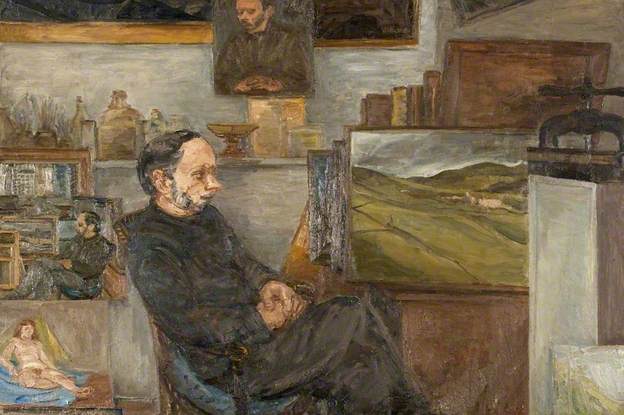 MuseumandArt's tweet photo. This week's #Artworkoftheweek on the theme of Portraits from the Swindon Collection of Modern British Art is by John Lessore, b1939, of artist Leon Kossof.
Leon Kossof with a landscape near Rietl, 1982-3
Oil on board
#SwindonCollection #museumfromhome @swindongalleryartontour https://t.co/GcR9q4vhkb