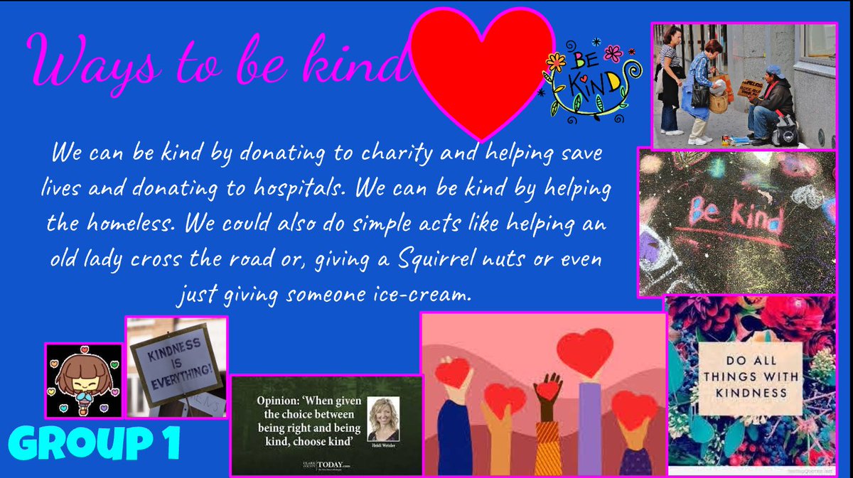_SBender's tweet photo. After discussing Mr. Browne's first precept in Wonder and then World Kindness Day in November, students worked together in breakout room groups to create digital kindness posters. I love how Group 5 made a connection to our reading signposts! @GoogleForEdu #teachnb https://t.co/0tkSAXbVPr