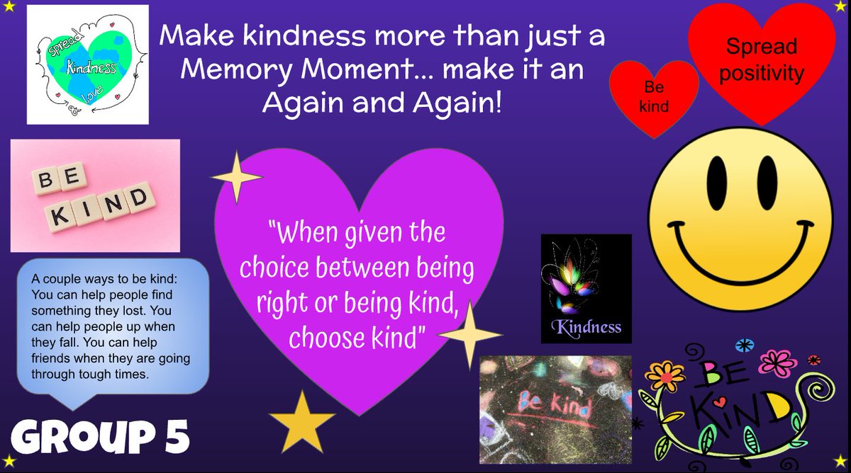_SBender's tweet photo. After discussing Mr. Browne's first precept in Wonder and then World Kindness Day in November, students worked together in breakout room groups to create digital kindness posters. I love how Group 5 made a connection to our reading signposts! @GoogleForEdu #teachnb https://t.co/0tkSAXbVPr