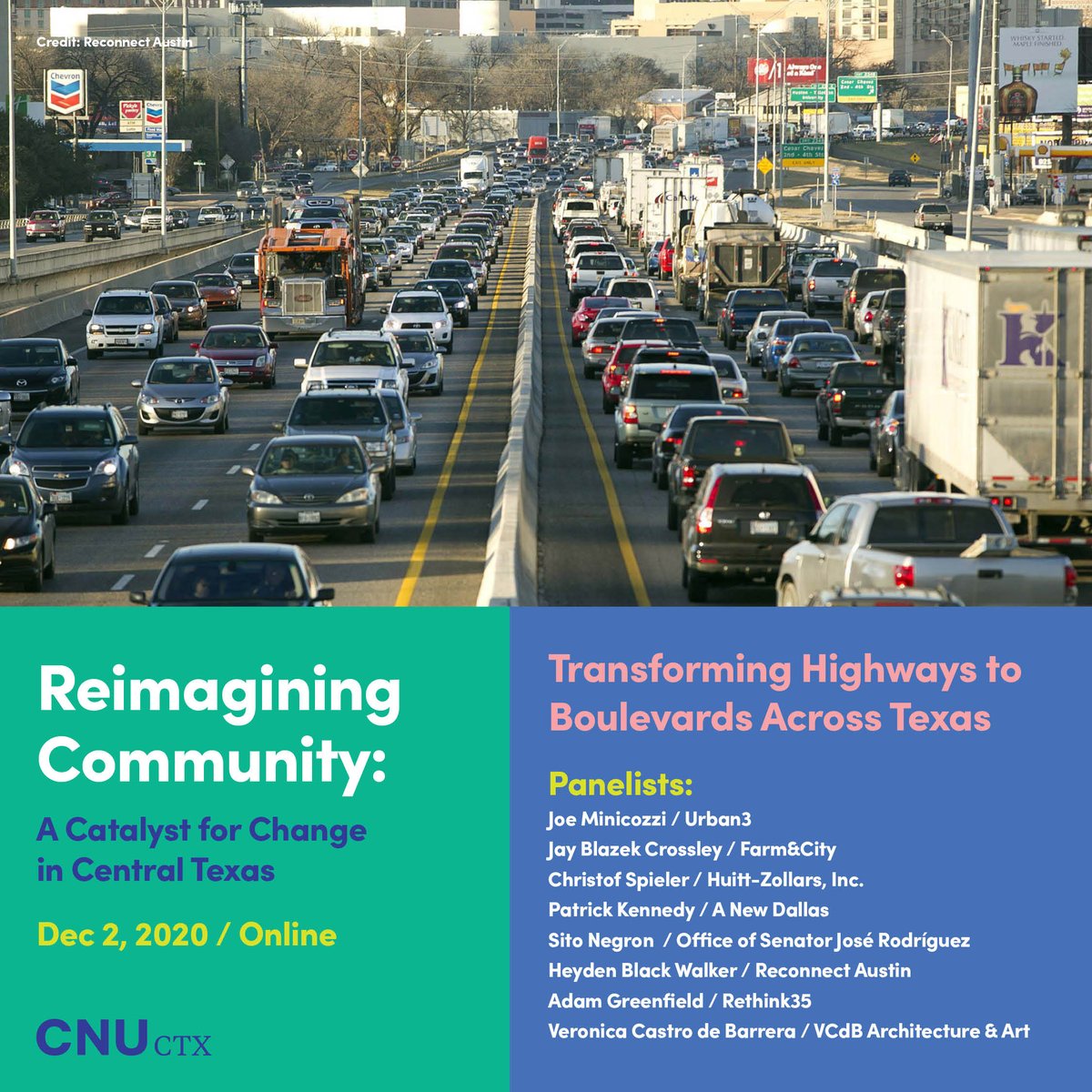 CNU_CTX's tweet photo. Please join us for: 

Reimagining Community:  A Catalyst for Change in Central Texas
December 2nd - All day online.

At 9:00 a.m. we will kick off the day with our first panel:  Transforming Highways to Boulevards Across Texas. 

https://t.co/JdIFdjMUlA https://t.co/yui5Attw1C