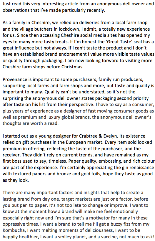 wendyleedesign1's tweet photo. Really good article from an anonymous deli owner to producers.
#Cheshire #Macclesfield #supportlocalbusinesses 
@treaclemarket https://t.co/DZTrwgGm56