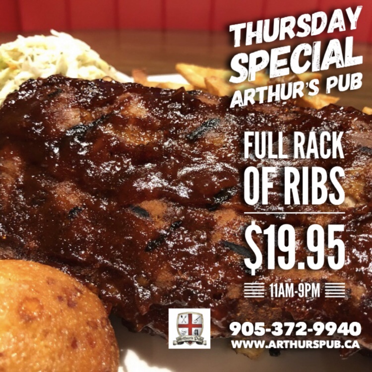 Full Rack of Ribs cooked #lowandslow smothered in BBQ sauce $19.95 every Thursday @Arthurs_Pub #ribspecial #babybackribs #slaw #alldaythursday #publife #eatdrinksocialize #cobourg https://t.co/QlabikH5DW