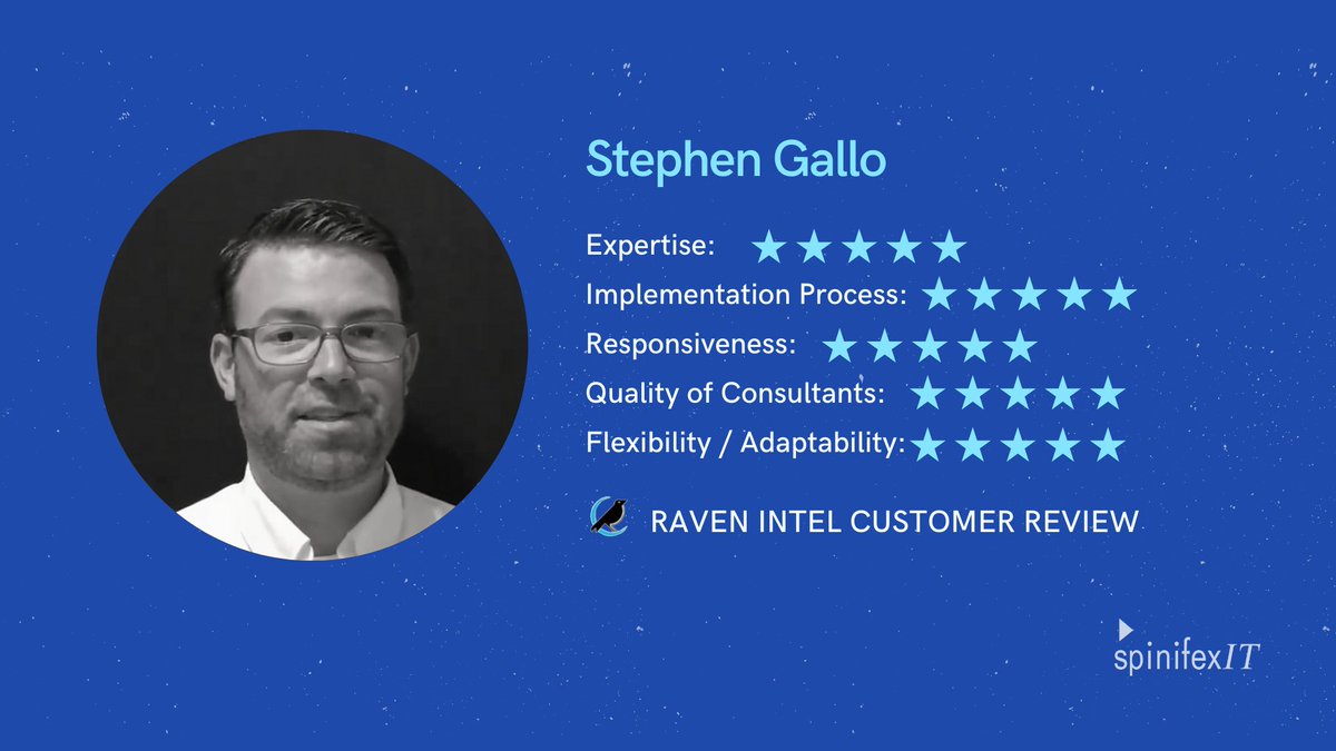 SpinifexIT's tweet photo. Kudos to SpinifexIT Product Architect Stephen Gallo for getting top ratings in Raven Intel! 

Check out the full review here: https://t.co/gqI97YQNyR

#RavenIntel #SpinifexIT #SpinifexITRaves https://t.co/QGdmTBb1vl