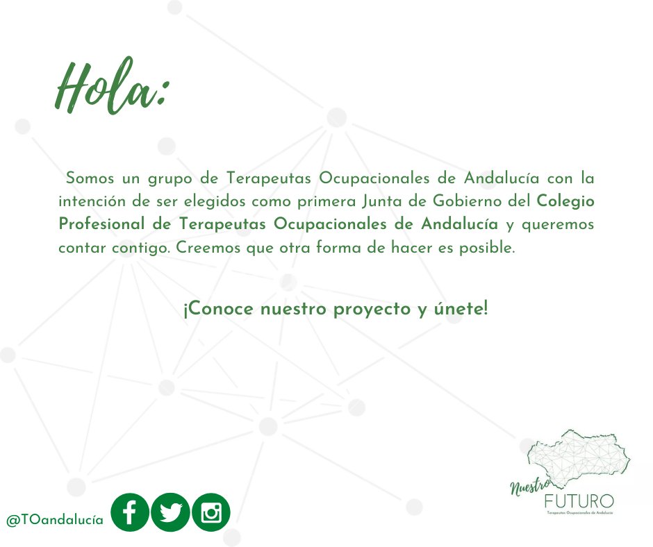 CGCOPTOAND's tweet photo. Seguimos camino a la creación del Colegio Profesional del Terapeutas Ocupacionales de Andalucía. Conozcamos más información de la Candidatura 1. https://t.co/ncv482ukaL