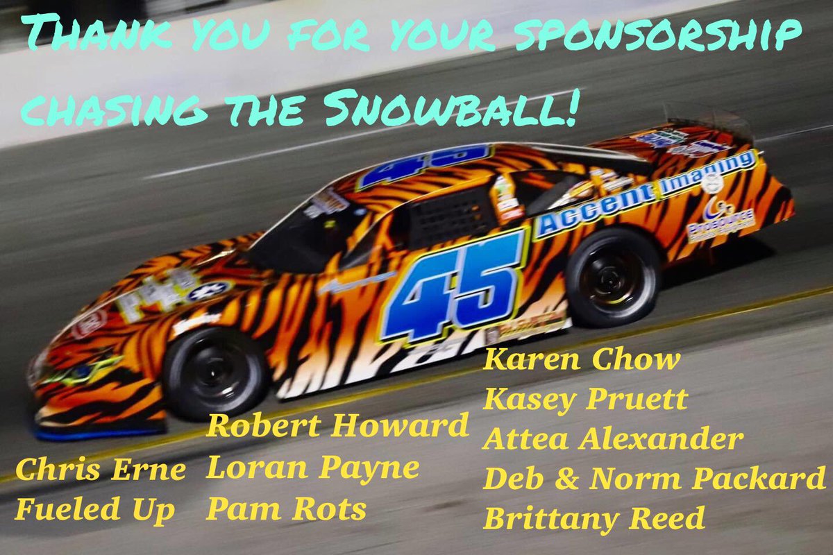 KodieConner's tweet photo. Thank you!! For your sponsorship to chase the Snowball. 
@Bubbacrabs 
Pam Rots 
Loran Payne
Robert Howard 
Karen Chow
Kasey Pruett
Attea Alexander 
Brittany Reed
@fueledupblog 
.
.
.
#chasingthesnowball #partnerwithkodie #racer #marketing #kodieconner #kcr45 #tigerman https://t.co/xs9mOERoET