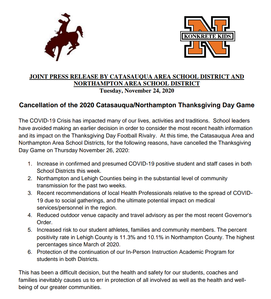 CHSRoughRiders's tweet photo. Here is a joint press release from the Catasauqua Area School District and Northampton Area School District regarding the cancellation of this year's Thanksgiving Day Football game... #GoRoughs 🏈🦃 @KonkreteKids https://t.co/6ybI6LlBU7