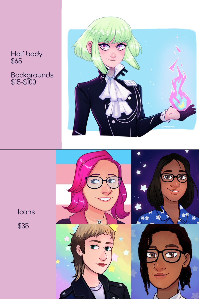 Now opening up my holiday commissions! Grab a commission as a gift for a friend, or even yourself! 5 slots.
I do RPG characters, fanart, and OCs! Additional characters are 75% off. SFW only.
DM me or email me at mcapriglione3995 (at) gmail (dot) com if you're interested!