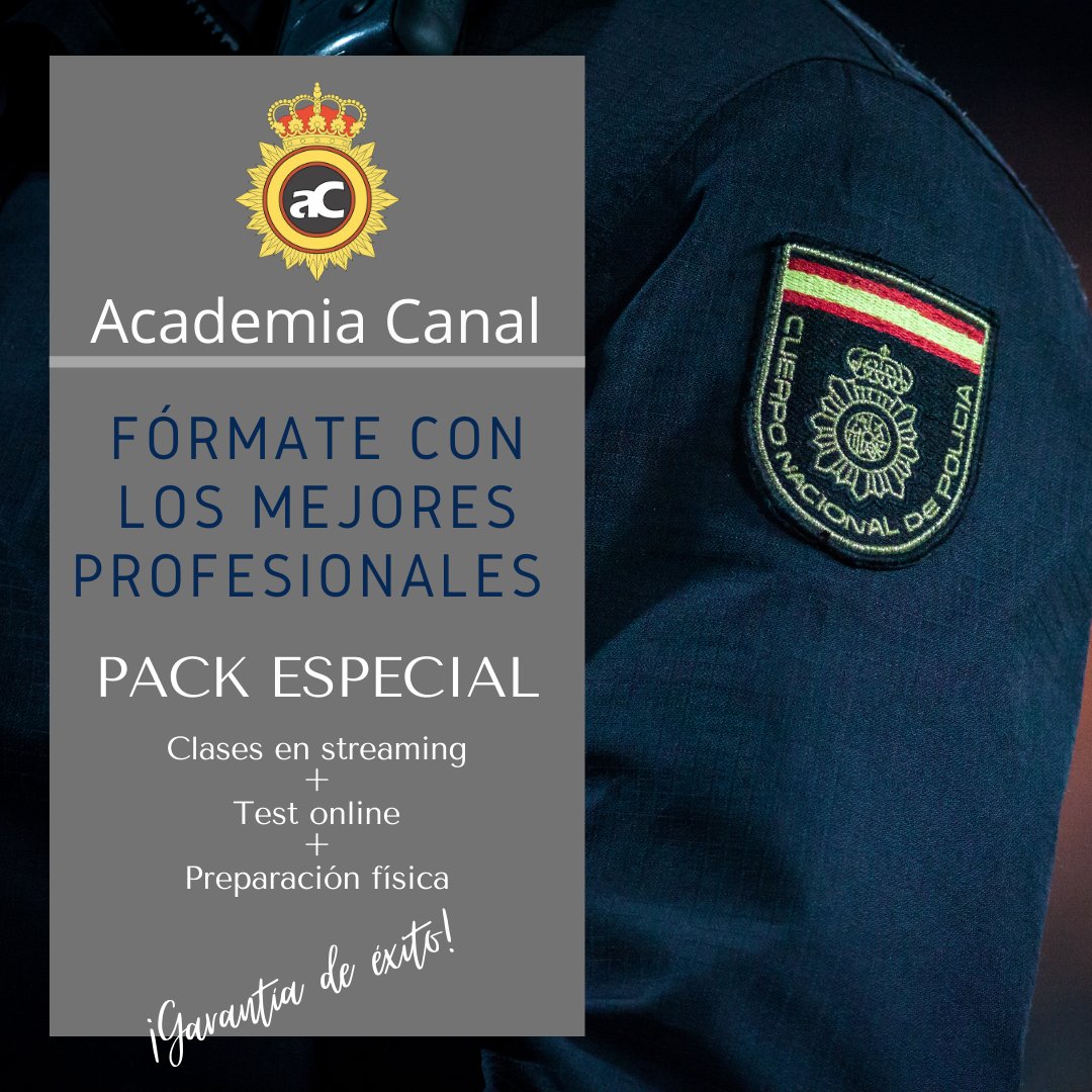 AcademiaCanal's tweet photo. PACK ESPECIAL 👇
Clases en streaming con los mejores profesionales + Test online + Preparación de las pruebas físicas
¡Garantía de éxito! 💪

Infórmate en el 625199693 y en https://t.co/7isQjCWTt3

#policíanacional #cnp #escalabásica #opocnp https://t.co/BhB1v9cdIv