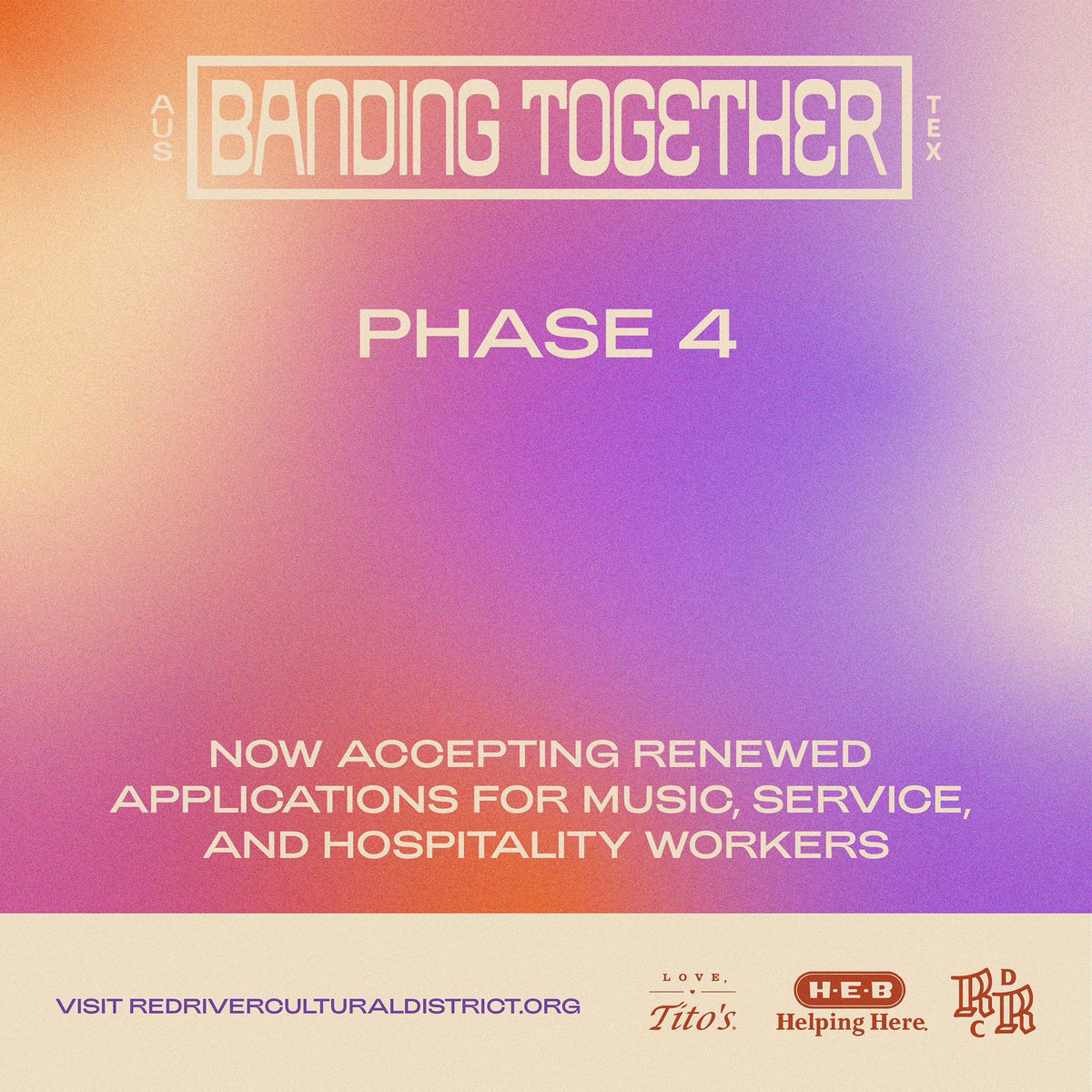 🎵 BANDING TOGETHER ATX - PHASE FOUR 🎵 

Renewed applications for H-E-B gift cards are now open from 11/24 - 12/18 at redriverculturaldistrict.org. Previous recipients ARE eligible to apply! 

#BandingTogetherATX @DefendRedRiver