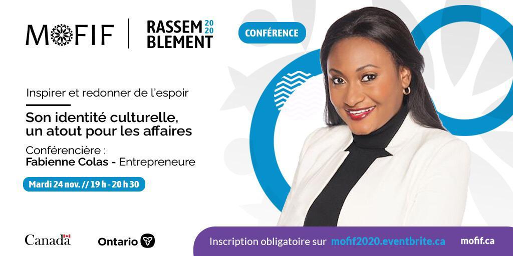 Fabiennecolas's tweet photo. Un vrai plaisir pour moi d'être conférencière ce soir, à 7PM (EST), et de discuter de comment son identité culturelle est un atout pour les affaires - au @MOFIFONTARIO où je serai interviewée par @KerlandeMibel. 

Inscrivez-vous GRATUITEMENT! À ce soir! https://t.co/t4MHrO7RNk https://t.co/AJ94cqm2mG