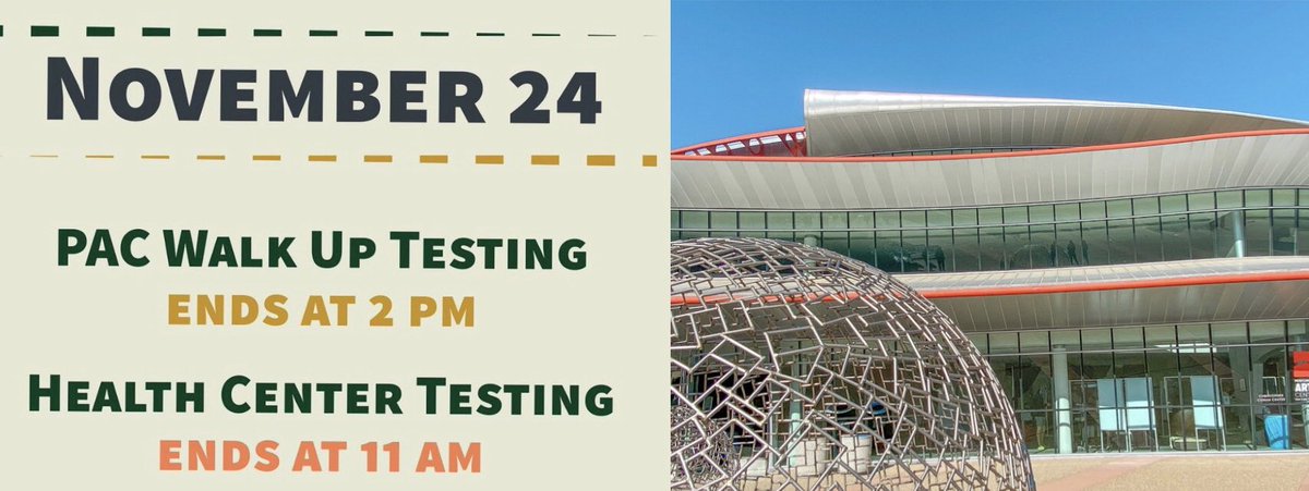 CalPoly's tweet photo. Today is the last day to participate in our COVID-19 testing at the PAC before the academic break begins.
👉Walk up testing ends at 2pm
👉The Health Center is open through Wednesday and will reopen November 30
#MaskUpMustangs #SLOtheSpread https://t.co/6BShGAoLbR