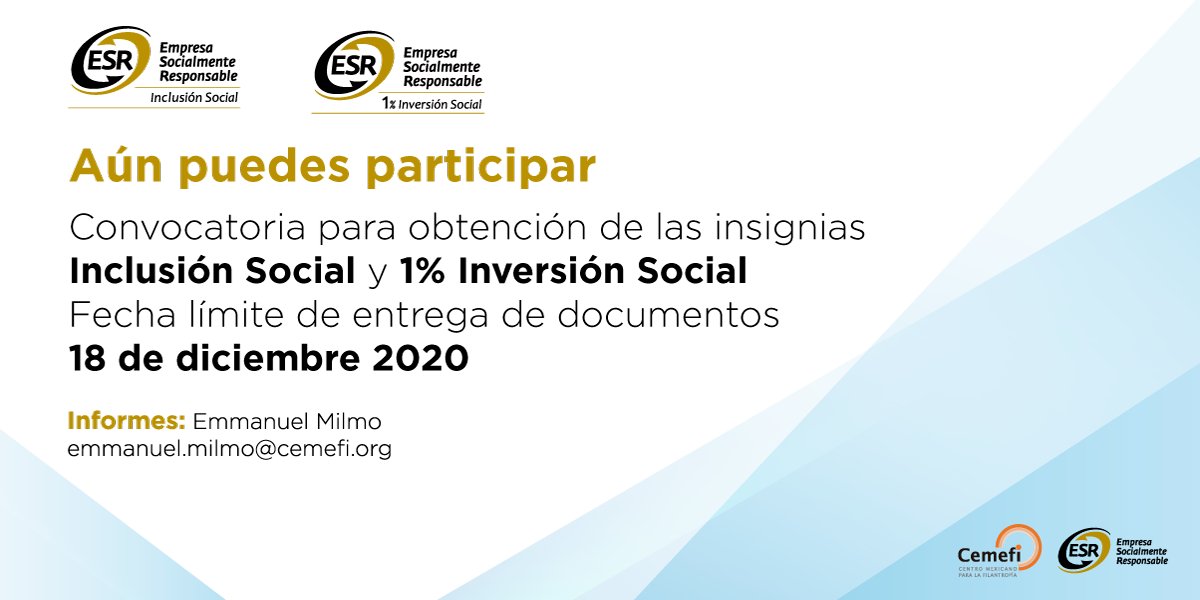 Cemefi_RSE's tweet photo. Aún puedes participar

Convocatoria para la obtención de las insignias 1% Inversión Social e Inclusión Social 

Fecha límite de entrega de documentos: 18 de diciembre

Informes: emmanuel.milmo@cemefi.org

@cceirapuato @CemefInforma @AccionarseAC @FESAC @FundacionExpo @Expok https://t.co/qDA9JDKnSR