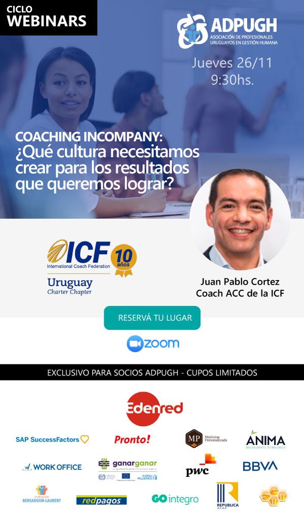 AGH_UY's tweet photo. #CicloWebinars | Los invitamos a nuestro próximo encuentro virtual: Coaching INcompany
¿Qué cultura necesitamos crear para los resultados que queremos lograr?
Expone: Juan Pablo Cortez - coach @ICFUruguay
📅 26/11 | 9:30 h
Inscribite sin costo aquí 📌https://t.co/JC9wSbCaga https://t.co/IkwiM35RtP