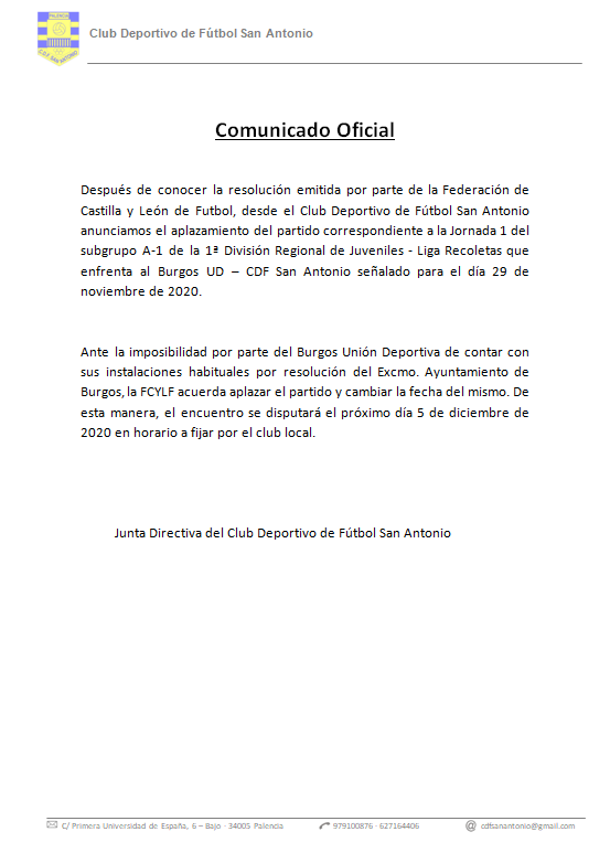 ⚠️PARTIDO SUSPENDIDO⚠️
El encuentro de nuestro Juvenil Regional ante el <a href="/cdburgosud/">cdburgosud</a> del próximo domingo 29 de noviembre queda SUSPENDIDO.
📅NUEVA FECHA Jornada 1: 5 de diciembre 
#SomosSanAntonio #ConstruyendoAlgoGrande