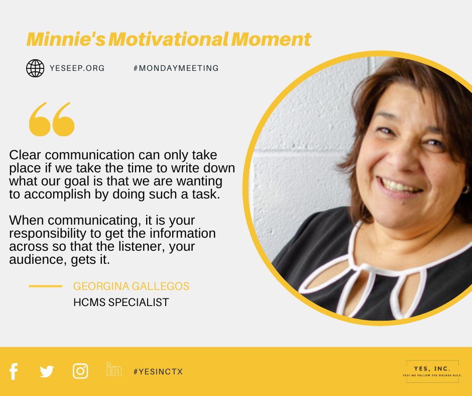 YESEEPTX's tweet photo. #M&MMeeting #YESINC
Check out this quote form last weeks Team M&M Meeting about the power of communication!
If this speaks to you or someone you know, SHARE, COMMENT, like our page! Check out our other social media platforms
#communication #goalsetting #teacherlife https://t.co/VQ8F1YpQ4n
