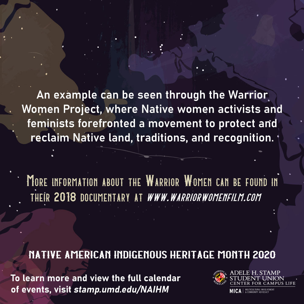 UMDMICA's tweet photo. We pause to honor the intersections of Native identity, feminism, and activism during Native American Indigenous Heritage Month. Please see the attached graphic for more information.
#NativeAmericanHeritageMonth #IndigenousPeople #Feminism #WarriorWomen #NativeFacts #NativeTerps https://t.co/uYsQLdwFaU