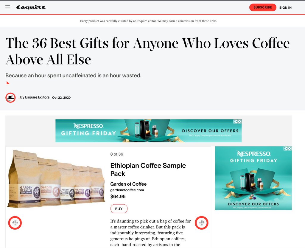 Thanks to <a href="/Esquire/">Esquire</a> for naming the Garden of Coffee Sample Pack one of the 'best gifts for anyone who loves coffee!

Order yours in time for the holidays at gardenofcoffee.com !