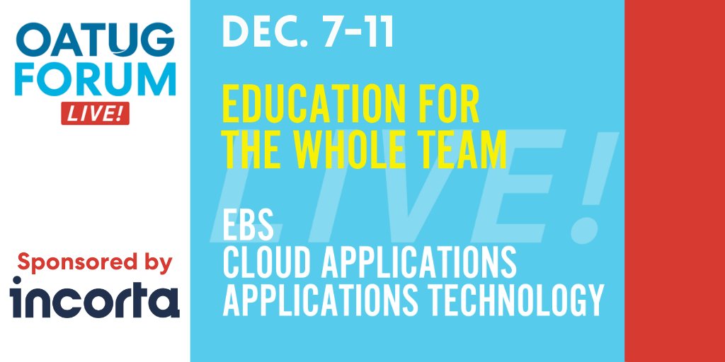 OATUG1's tweet photo. Thank you @incorta for supporting OATUG Forum Live as a Gold Sponsor! Team OATUG has put together a can't miss educational event for #OracleEBS and #OracleCloudApps customers. Excited to see you there when we go "live" online Dec.7!
Details: https://t.co/fkDKRS29FD https://t.co/Lao46OvShi