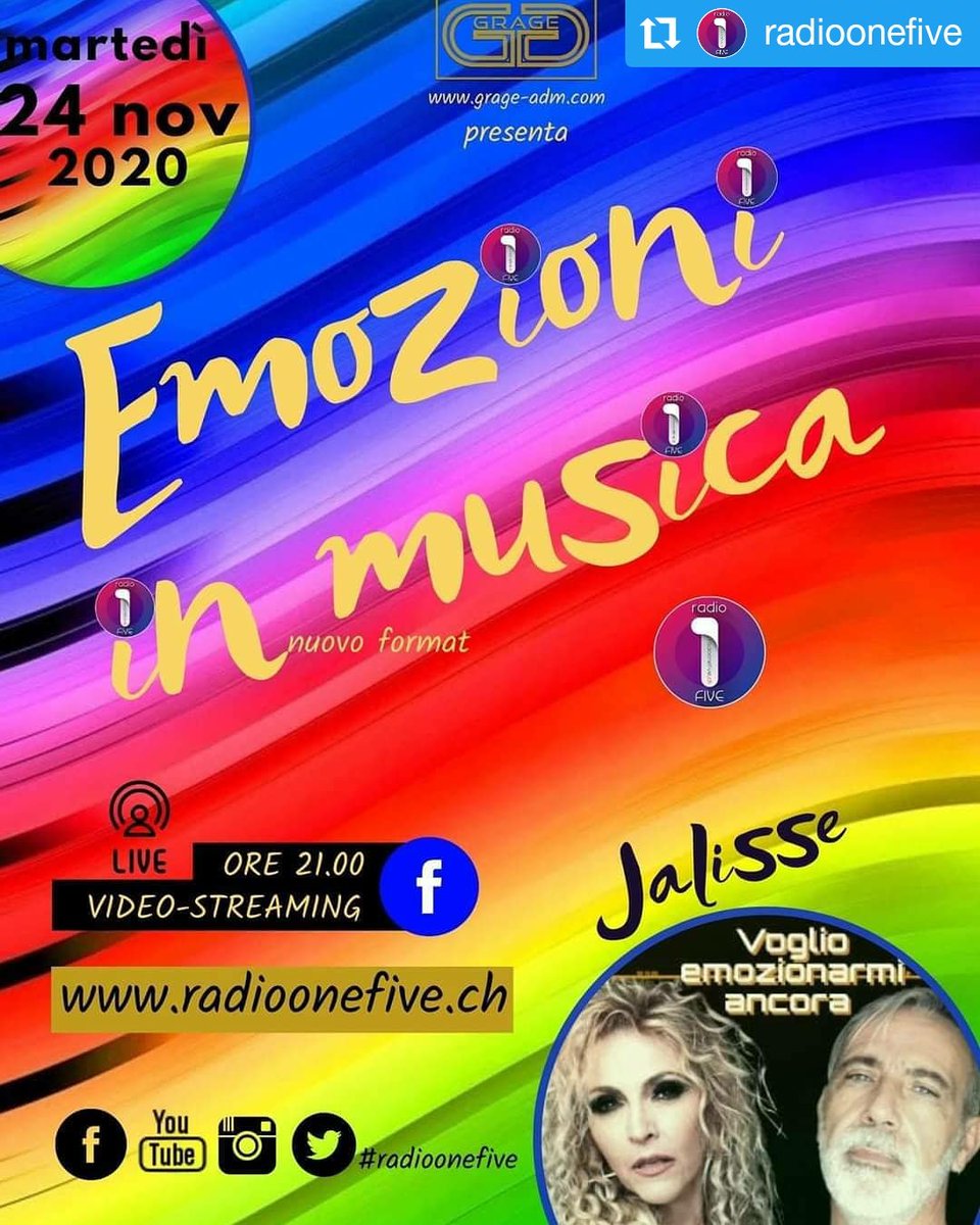 francesca_ff's tweet photo. Prontissimi h.21 meravigliosa #intervista ai #jalisse e si potrà interagire anche al numero #WhatsApp di #radioonefive!
#grazie @RadioOneFive! 😍😍🙏💞❤🔝🤟🤟🌈
#siifelice #emozioni #musica #passione #resilienza #sorrisi #jalisseofficial #voglioemozionarmiancora @Jalisseofficial https://t.co/LOFdC4j7VT