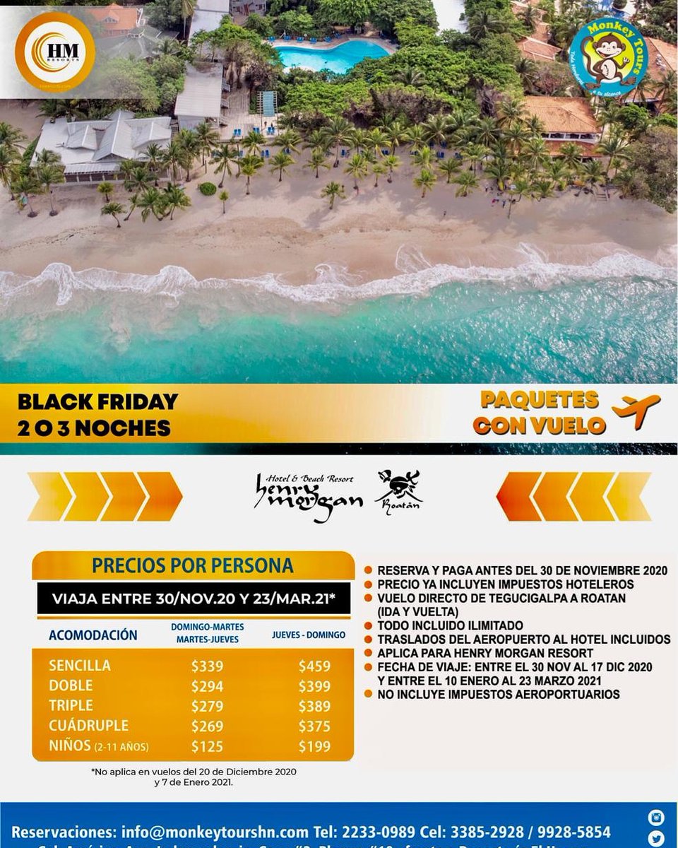 MonkeyTours's tweet photo. Súper Promo HM Roatan!! Desde $ 269 por persona todo incluido + ✈️ 3 días 2 noches, fecha límite de compra antes del 30 noviembre y úsalo hasta el 23 de marzo del 2021.
No aplica del 20 de diciembre al 7 de enero.
-
-
#honduraspost #roatan #roatanhonduras #roatanisland  #monkey https://t.co/8k08Ri7oTJ