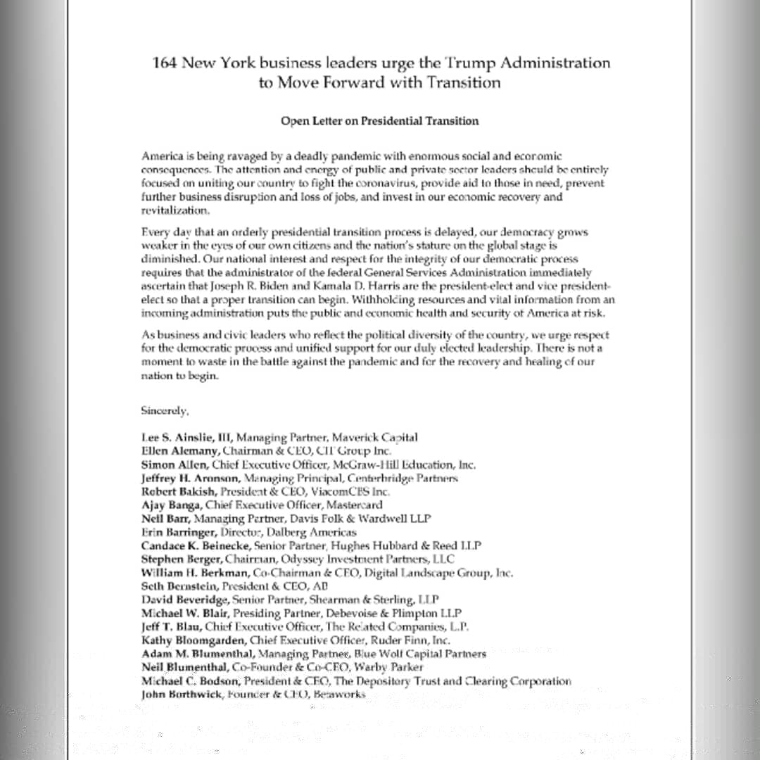 csr_foundation's tweet photo. 164 business leaders urged Trump to allow the #PresidentialTransition process to begin. "As business leaders who reflect the political diversity of the country, we urge respect for the Democratic process &amp; unified support for our duly elected leadership." #csr #socialpurpose #ceo https://t.co/RznLGw4k08