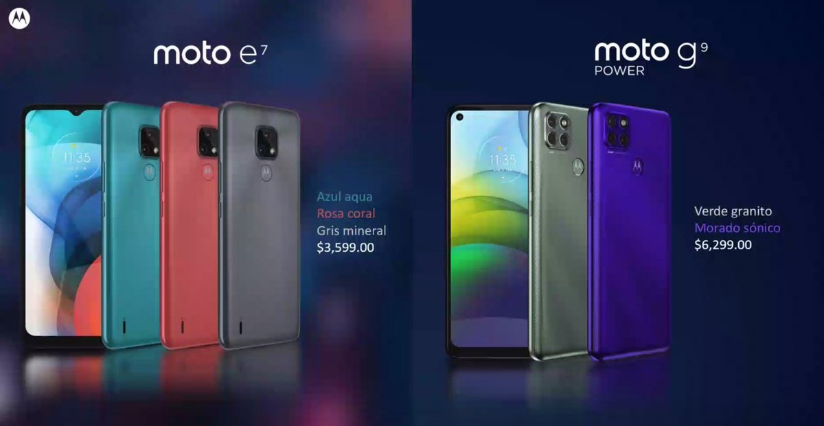 PCWorldMexico's tweet photo. Aquí los precios de los nuevos equipos de @MotorolaMX
#Motoe7 $3,599
#G9Power $6,299 https://t.co/wlwDw0YoFk