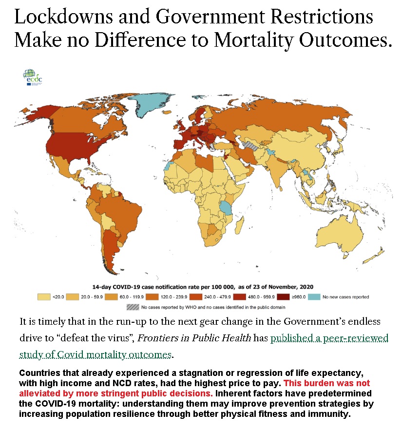"Covid-19 Mortality: A Matter of Vulnerability Among Nations Facing Limited Margins of Adaptation"  https://frontiersin.org/articles/10.3389/fpubh.2020.604339/full#h1 Says lockdown doesn't change infection mortality rateOld popn= higher death rateNOT that lockdown doesn't help - it reduces incidence of infection & death