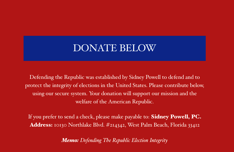 I'm furious after searching " @sidneypowell1 donated" on twitter. So many people are lining this woman's pockets while she takes them on a wild, ever-changing conspiratorial goose chase that will lead to nothing. Nowhere on her site does she say how she'll use the money.