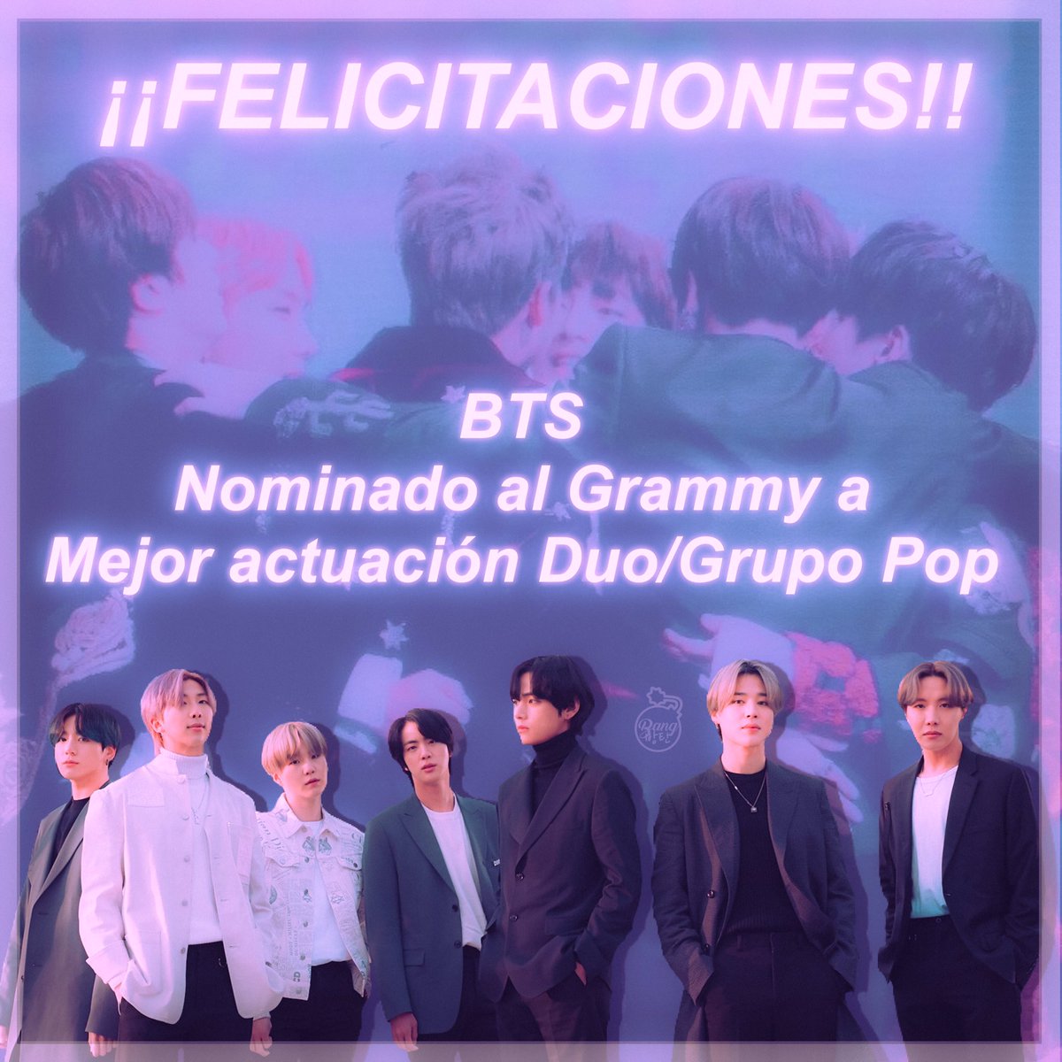 BangBangtanEsp_'s tweet image. ATENCIÓN ARMY!! 

BTS ha sido nominado a su primer Grammy!!😭🎉🎉🎉 muchas gracias a todxs por su esfuerzo y muchísimas felicidades a los chicos por este logro tan grande 🥺🥺💜💜💜

-Isa🌈 
@BTS_twt #BTSGrammy
