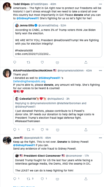 Trump supporters now see Sidney as their last hope. They think she got kicked off Trump's legal team so she could go solo & expose the *real* corruption. She's since been radio silent &is only RTing. Supporters are interpreting this lack of communication as her being busy working