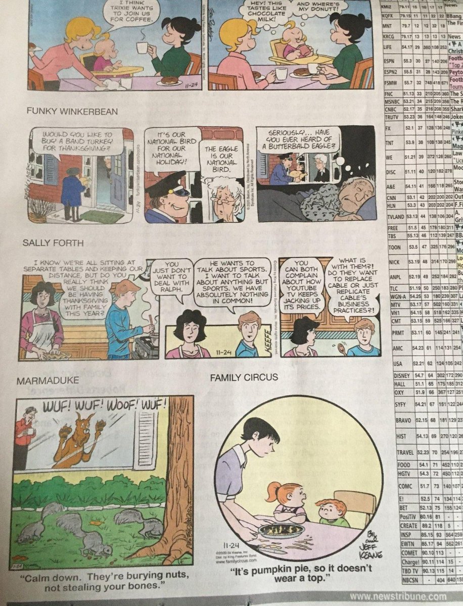 Blondie has acknowledged the pandemic but Dagwood is still carpooling and "a big crowd" is still spoken of as a legit option.Sally Forth has been on the responsible side of things overall but they are still taking the risk of a socially distanced family get-together.