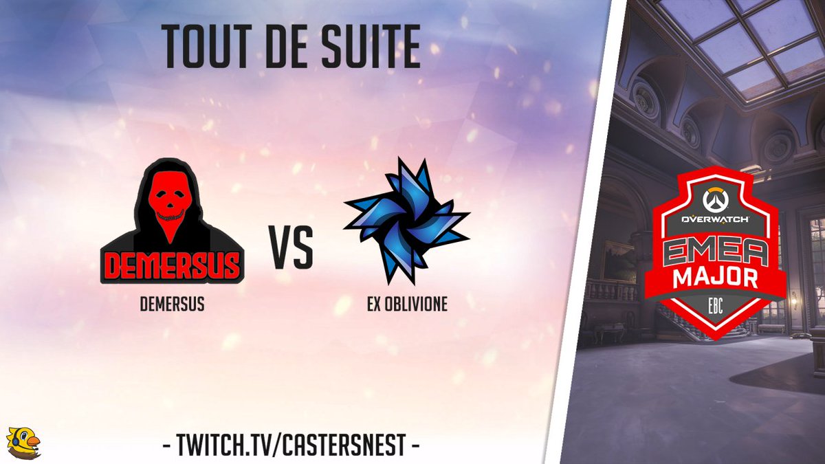[<a href="/EBC_gg/">EBC</a> Major]

On débute la soirée avec la finale du Losers Bracket qui voit s'opposer #Demersus et @ExOblivioneOW !

Au cast 🎙, rejoignez @devli___ et @Joel_Stering ainsi que <a href="/Pyros1212/">Pyros</a> à la production 🎥 !

📺 Twitch.tv/castersnest