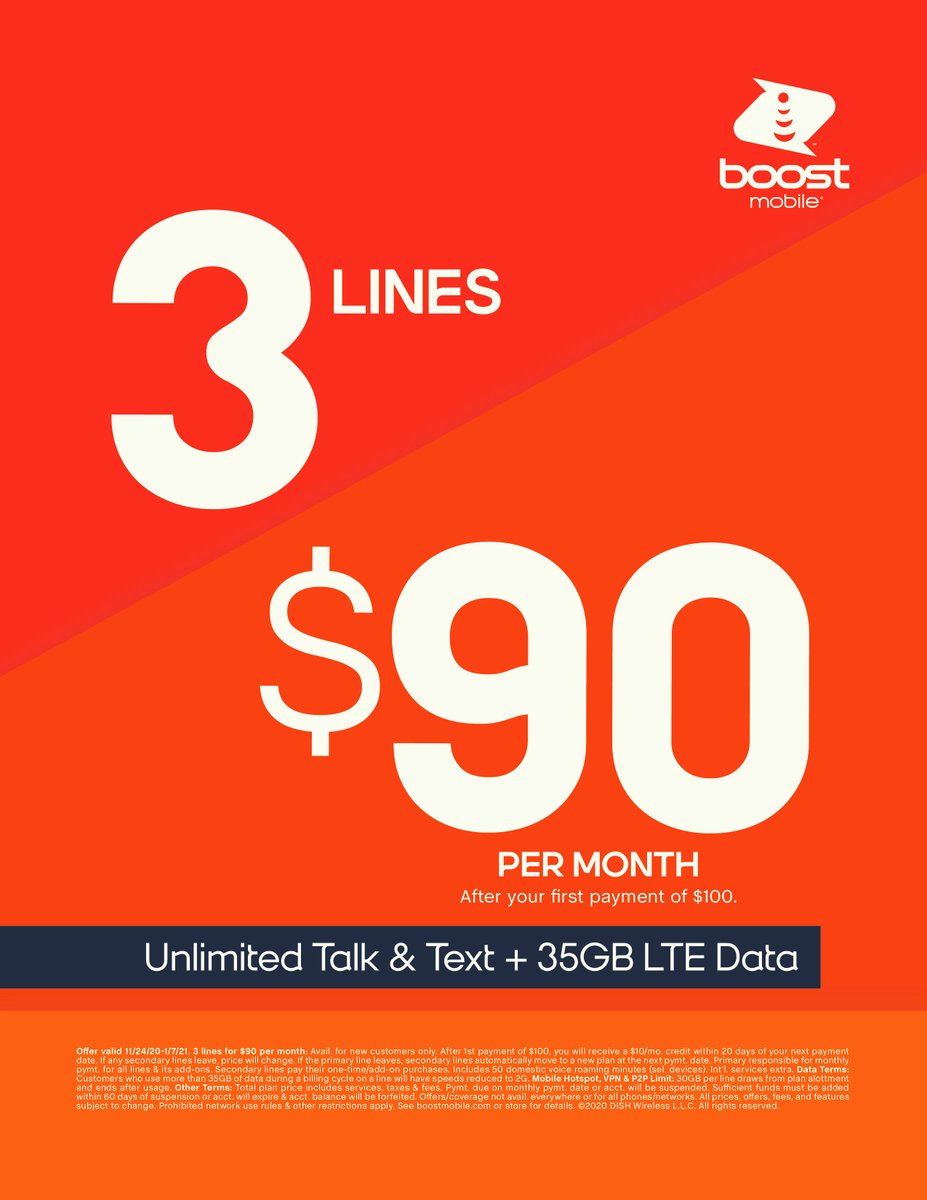 Starting Today - New customers only (port and non-port),activate 3 lines for $90/mo. w/ Unl Talk &amp; Text &amp; 35GB High Speed Data per line.  Come in to your local #BOOST location today!  #promo #3for90 #boostmobile #dailydeals