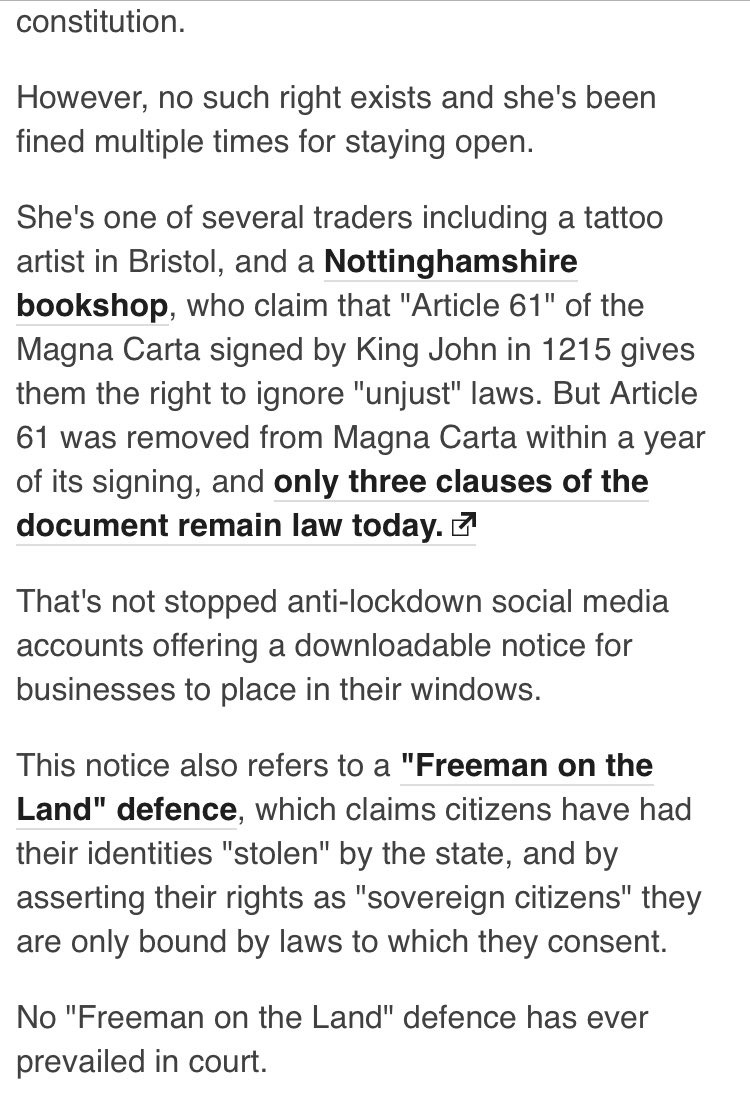 Some UK businesses are falling foul of the belief that Magna Carta and Freeman on the Land “common law” allows them to stay open during lockdown. One hairdresser is facing fines of £27,000 as a result. Here’s my piece on the BBC News live page.  https://www.bbc.co.uk/news/live/uk-55055295?ns_mchannel=social&ns_source=twitter&ns_campaign=bbc_live&ns_linkname=5fbd31f5fe66a902d1004567%26UK%20businesses%20fall%20foul%20of%20%27Magna%20Carta%27%20lockdown%20theory%262020-11-24T19%3A13%3A33.141Z&ns_fee=0&pinned_post_locator=urn:asset:55d324fd-d9c1-4491-9022-335093f06952&pinned_post_asset_id=5fbd31f5fe66a902d1004567&pinned_post_type=share