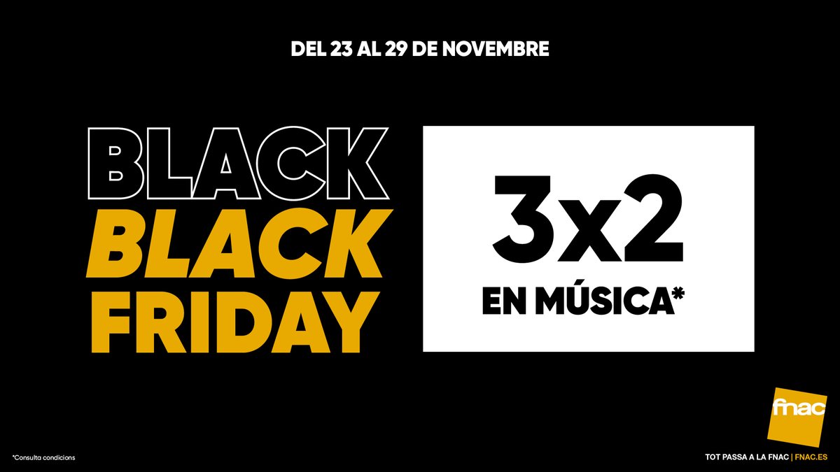 🎧🎵 Atenció, melòmans! Fins al 29 de Novembre, amb motiu del #BlackFriday, gaudeix d'un 3x2 en música! 📀💿📀

👉Consulta condicions a fnac.es