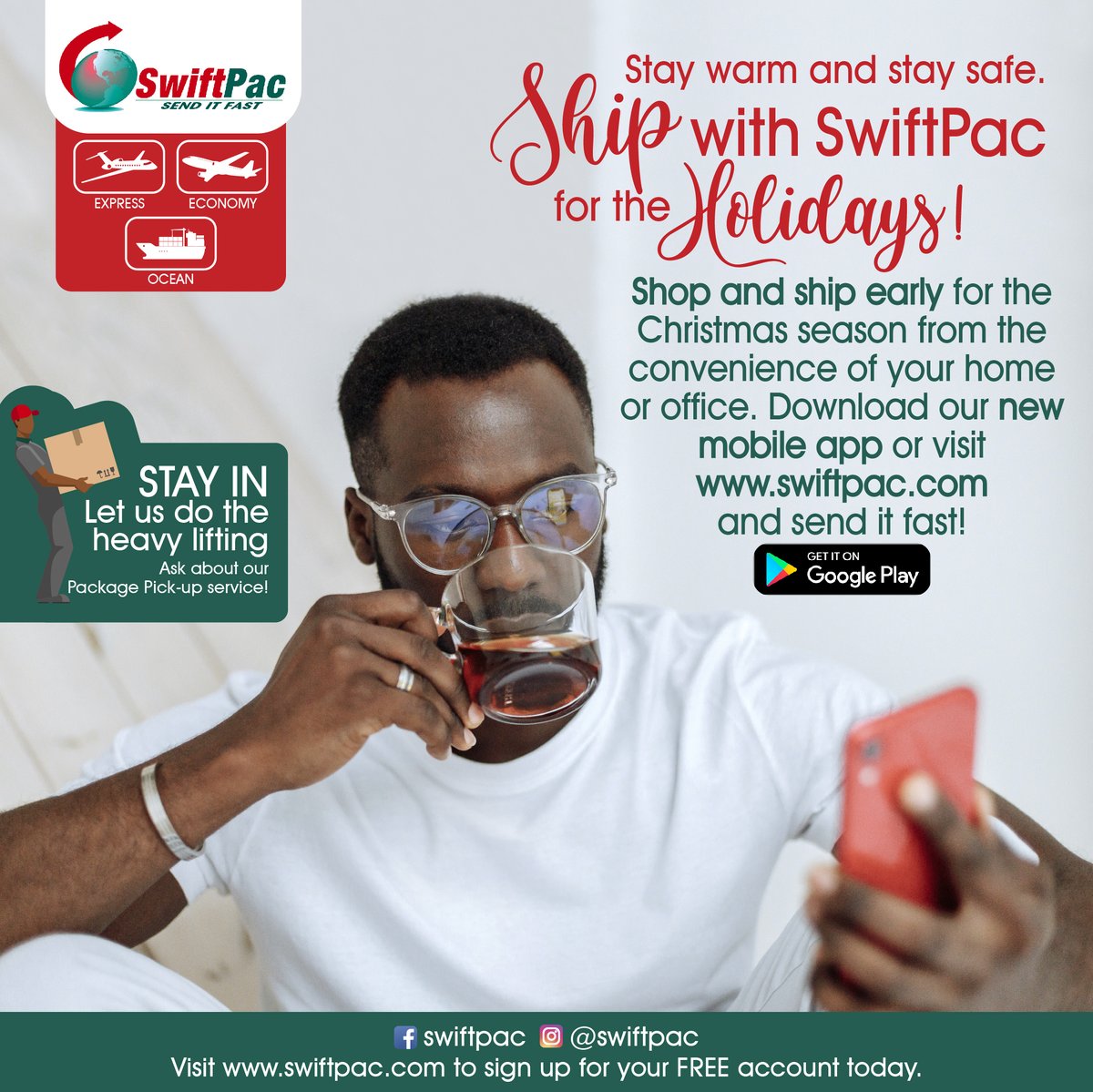 SwiftPac's tweet photo. We know it's cold &amp; outside is frightening.

Stay warm and stay safe – Ship with SwiftPac for the Holidays!

Shop &amp; Ship Early this Holiday Season from the convenience of your home or office. Download our Mobile App from Google Play, or visit https://t.co/tPnZYudMxu &amp; #senditfast https://t.co/BRNeblULlZ