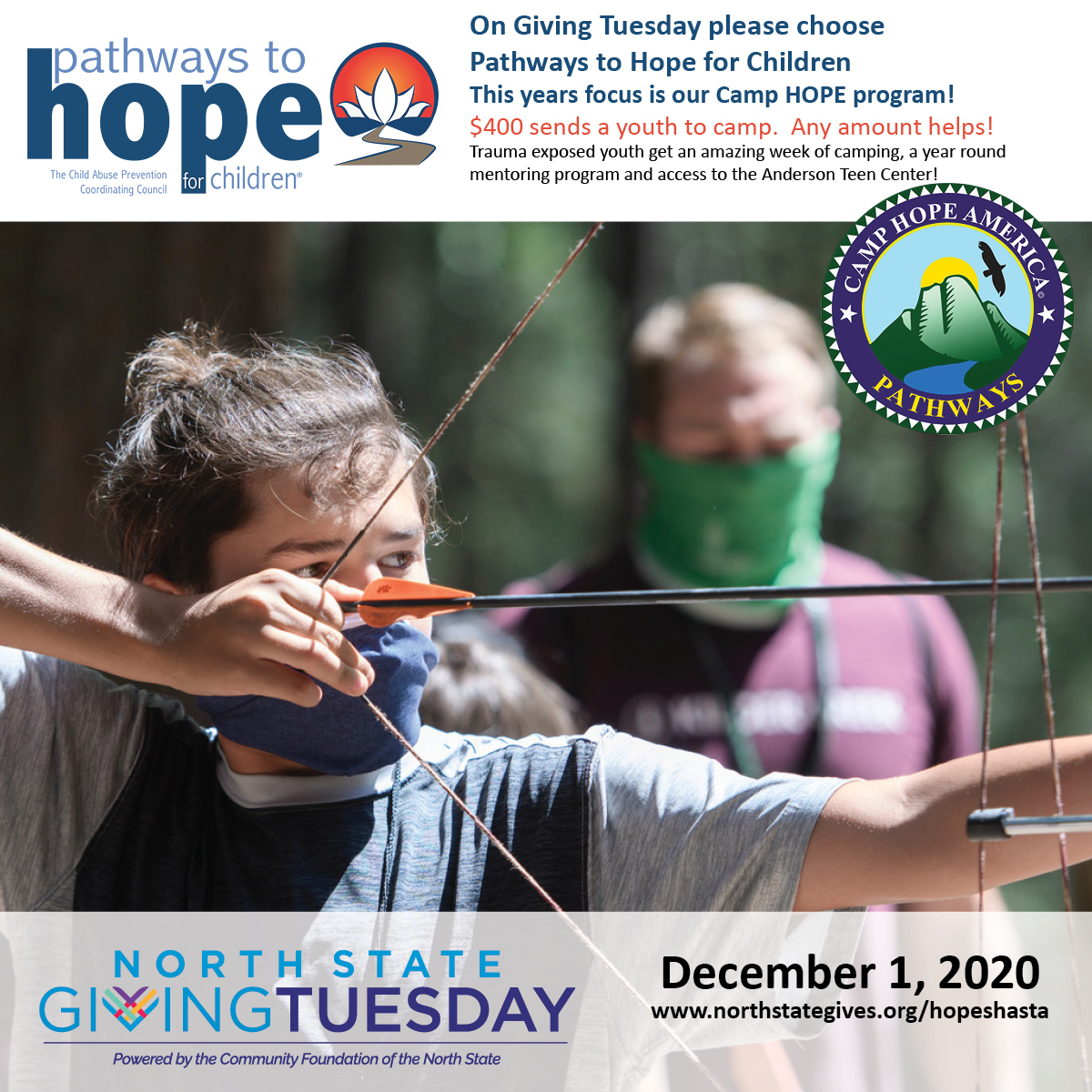 Pathways4Hope's tweet image. Giving Tuesday is right around the corner, have you made a pledge to donate yet? 
Visit northstategives.org/hopeshasta to make your pledge now and use the #100hopegivers and #hopeshasta to help us spread the word about this great fundraising movement!