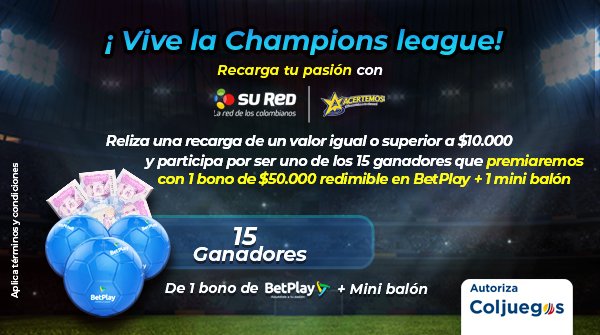 Acertemos's tweet photo. ¡En el marco de la Champions League, @Acertemos #RecargaTuPasión!

Desde cualquier parte del Cauca puedes convertirte en el ganador de 1 bono redimible en @BetPlayCO + 1 mini balón de fútbol.

¿Quieres participar? Consulta aquí los TyC del concurso: https://t.co/3u36577c9r. https://t.co/63X4RGWURA